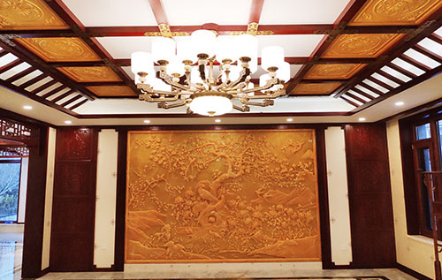 泉州中式别墅客厅中式木作横梁吊顶装饰展示